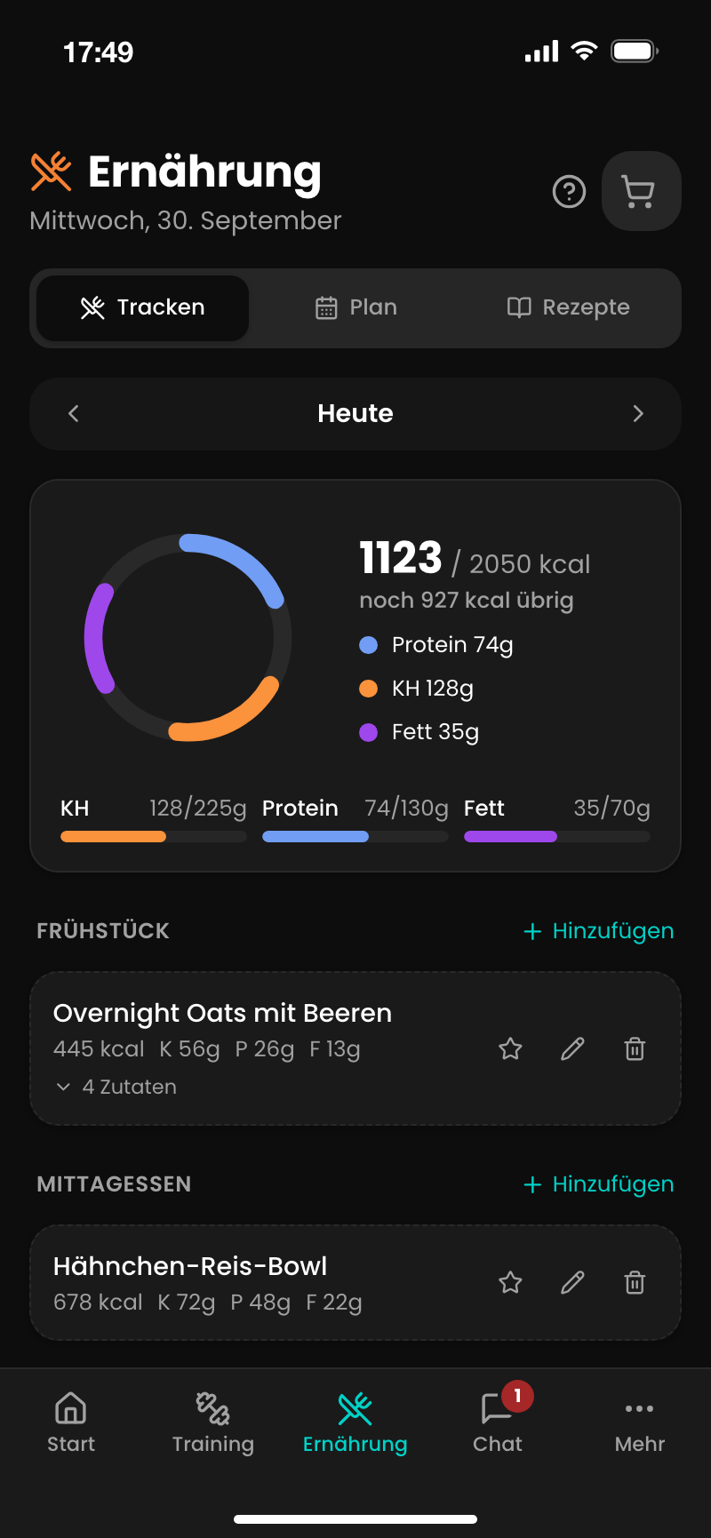 Ernährungstagebuch der App mit Kalorien, Makros und den Mahlzeiten des Tages