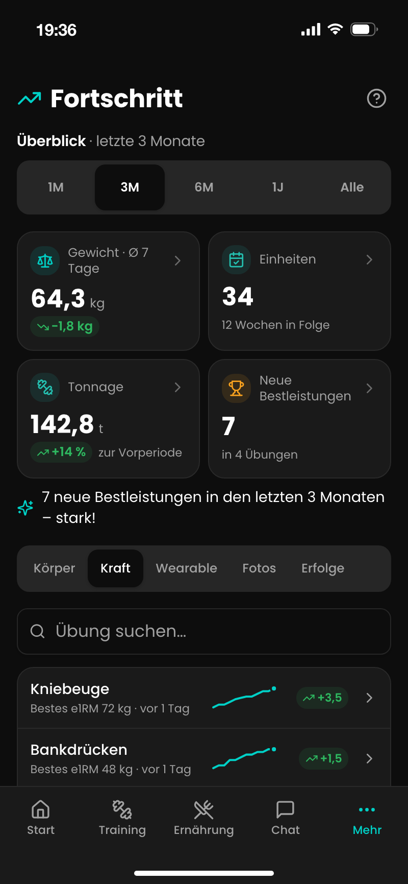 Fortschrittsansicht der App: Gewicht, Einheiten, Tonnage und Bestleistungen der letzten drei Monate