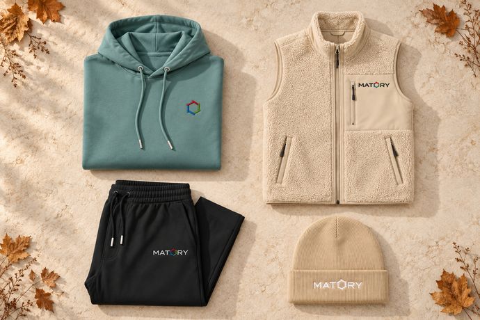Hoodie, Sherpa-Weste, Sweatpants und Beanie von MATORY, flach ausgelegt
