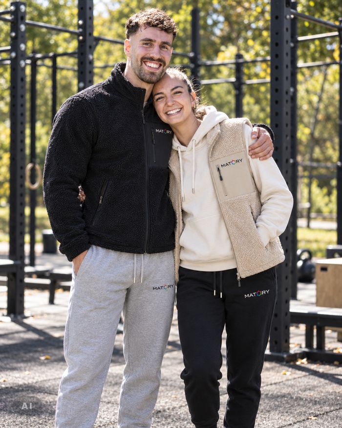 Zwei Personen im Outdoor-Gym, er in schwarzer MATORY Sherpa-Jacke, sie in heller Sherpa-Weste (KI-generiertes Bild)
